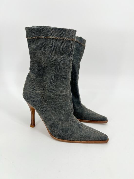 bebe Shoes - Vintage Bebe Mid Calf Stiletto Boots Womens 6M Gray Stretch Denim Pointed Toe
